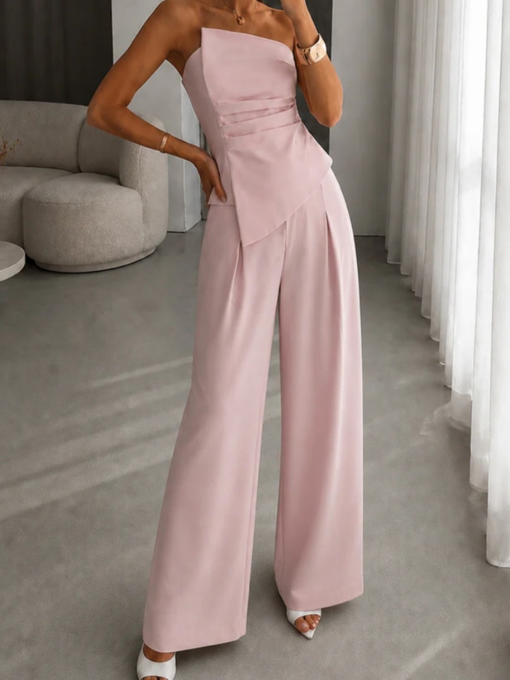 NWT - Asymmetric Ruched Strapless Top & Pants Set